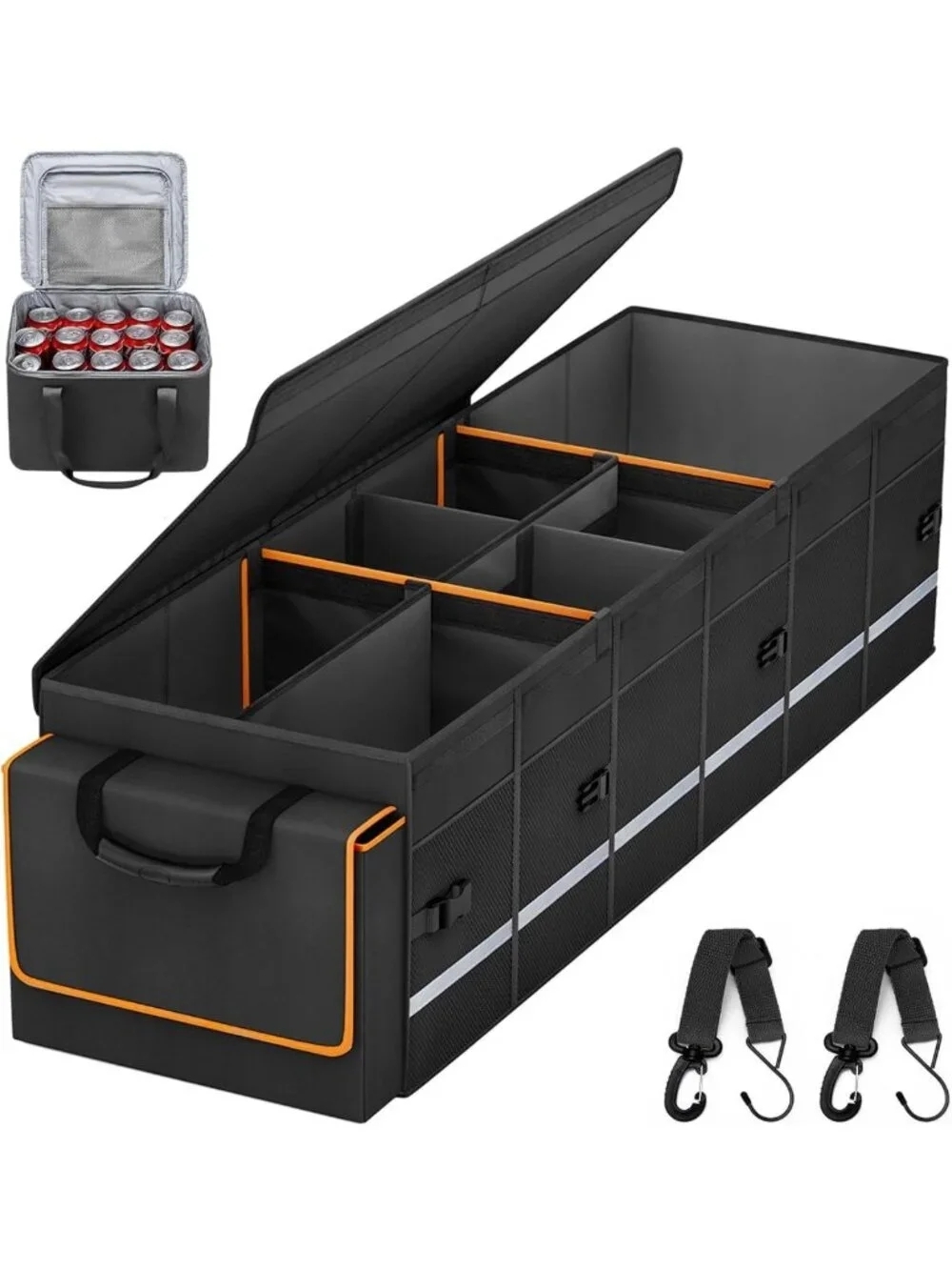 Large Car Trunk Organizer with Lid & Leakproof Cooler Bag, 6 Dividers